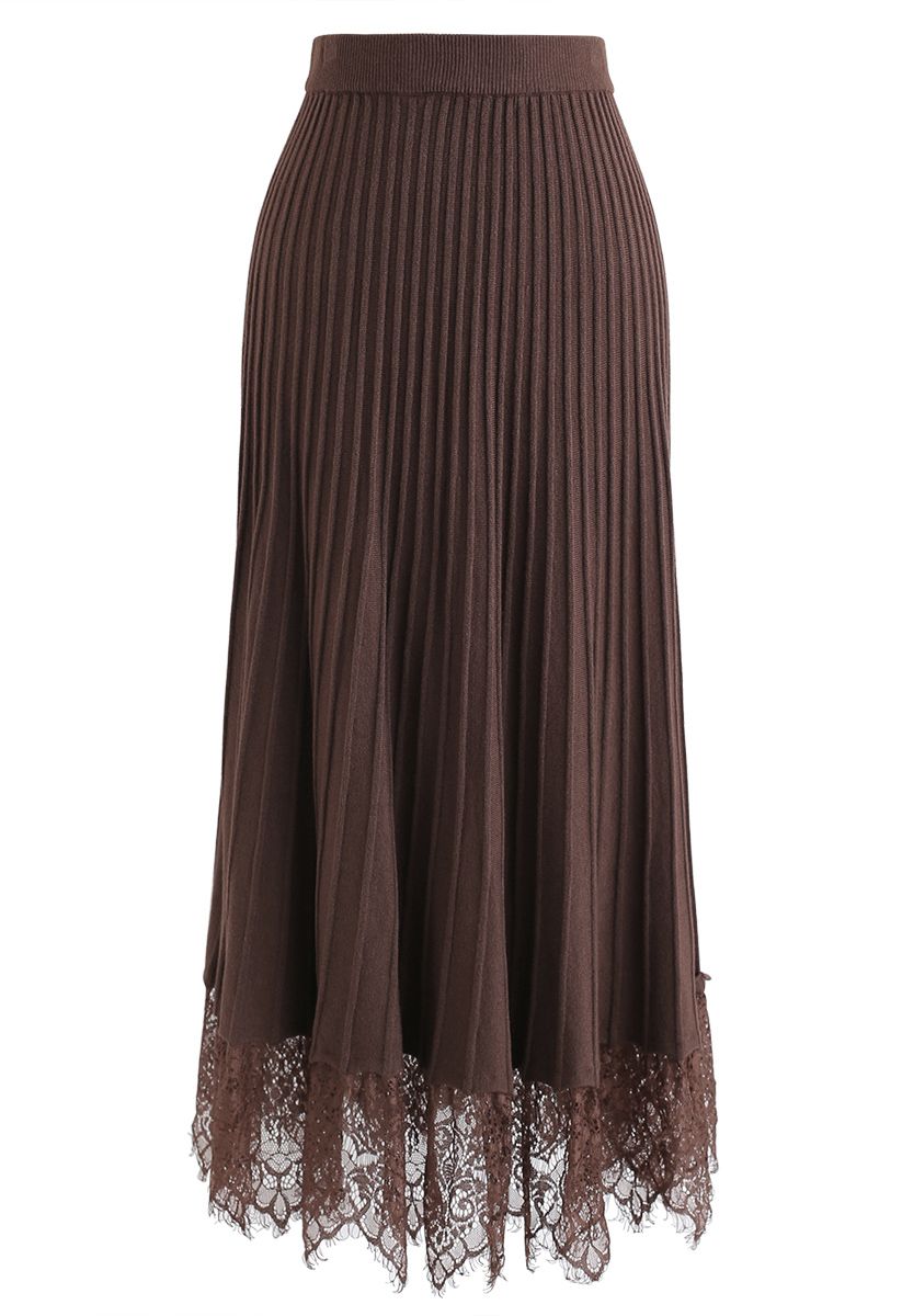 Lace Hem Pleated A-Line Knit Skirt in Brown