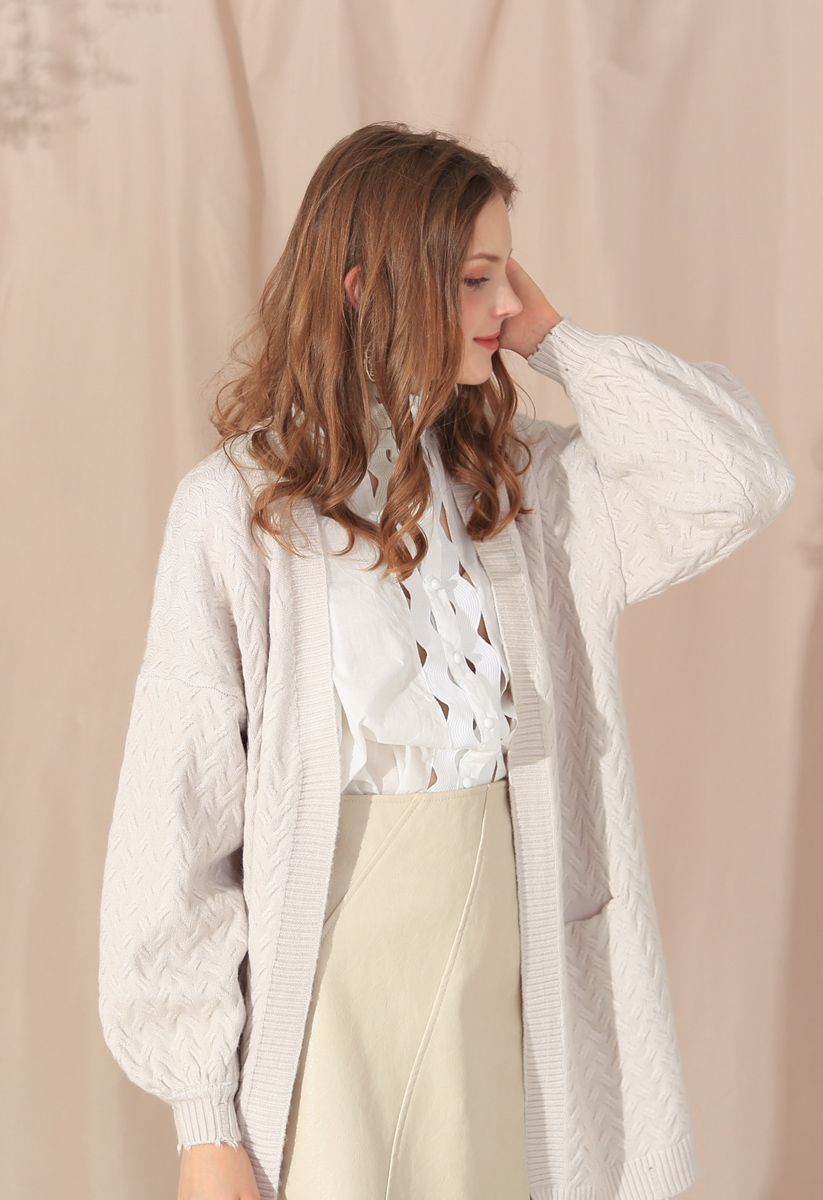 Puff Sleeves Cable Knit Cardigan in Ivory