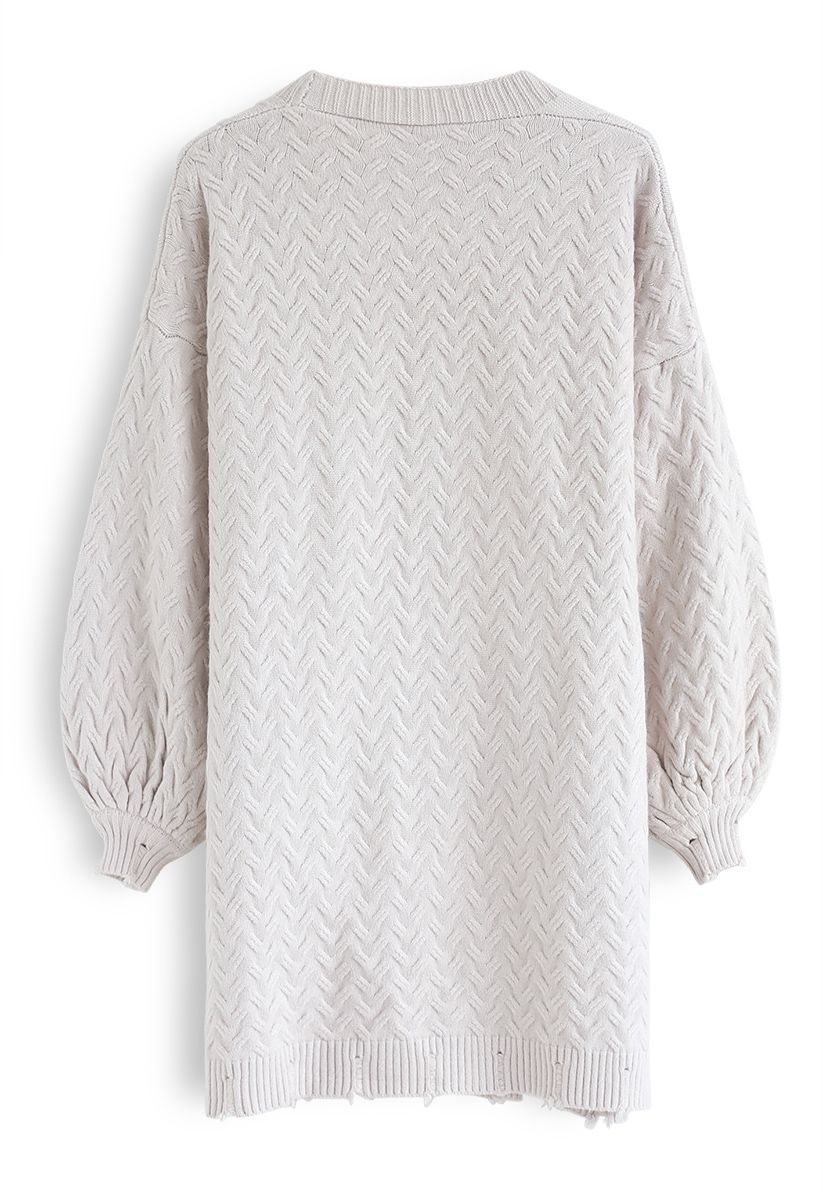 Puff Sleeves Cable Knit Cardigan in Ivory