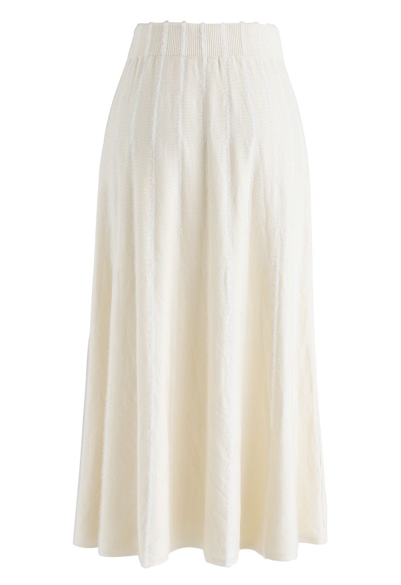 Fuzzy Lines Knit A-Line Midi Skirt in Cream