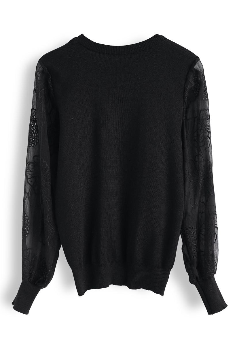 Floral Embroidered Sheer Sleeves Knit Sweater in Black