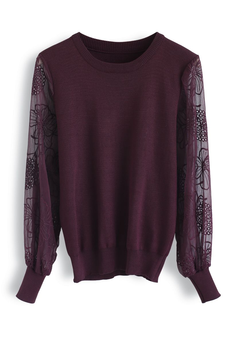 Floral Embroidered Sheer Sleeves Knit Sweater in Wine