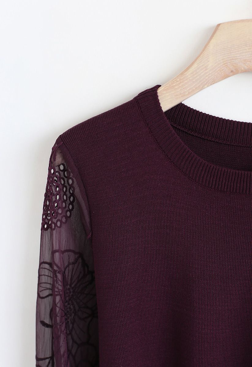 Floral Embroidered Sheer Sleeves Knit Sweater in Wine