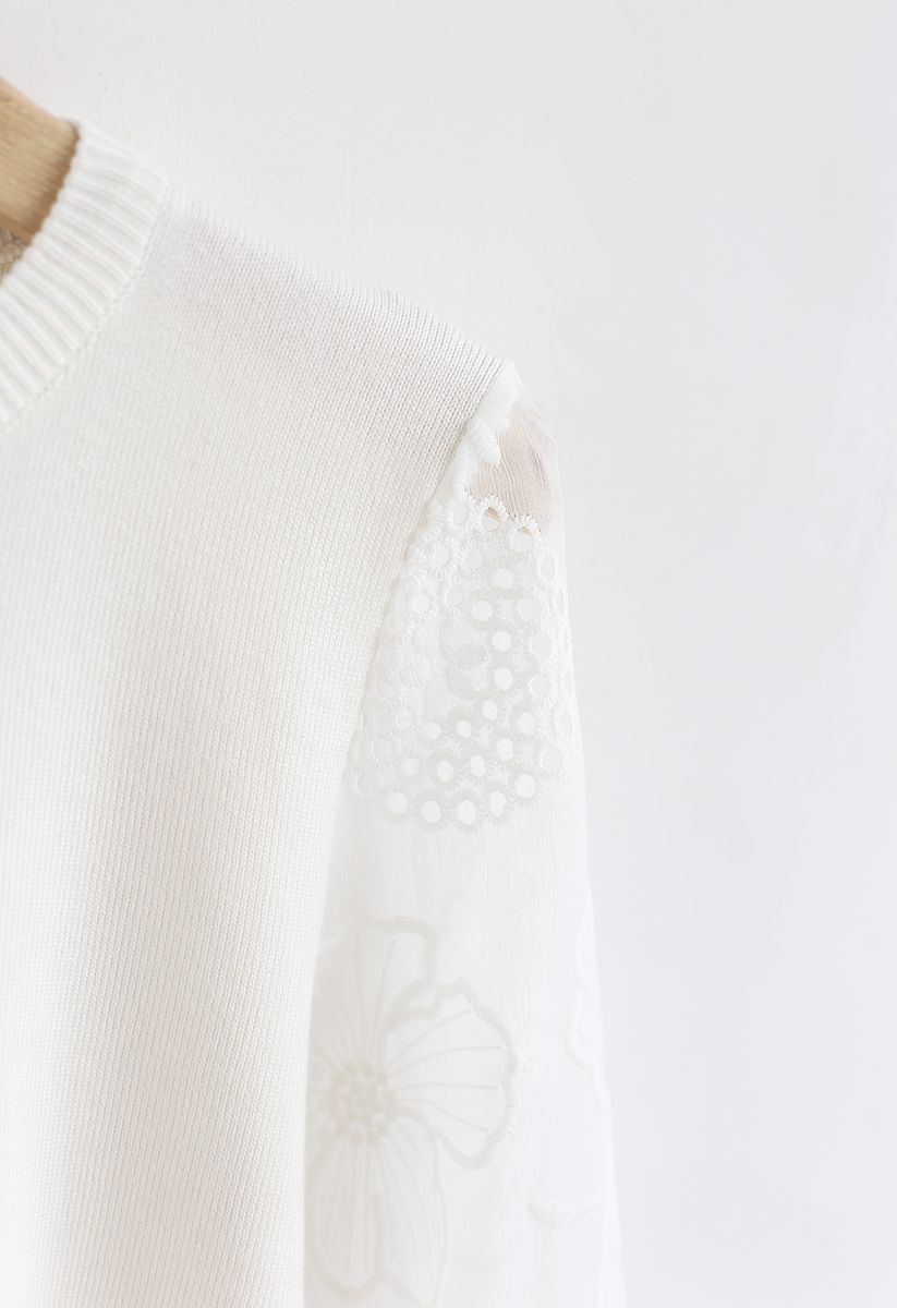Floral Embroidered Sheer Sleeves Knit Sweater in White