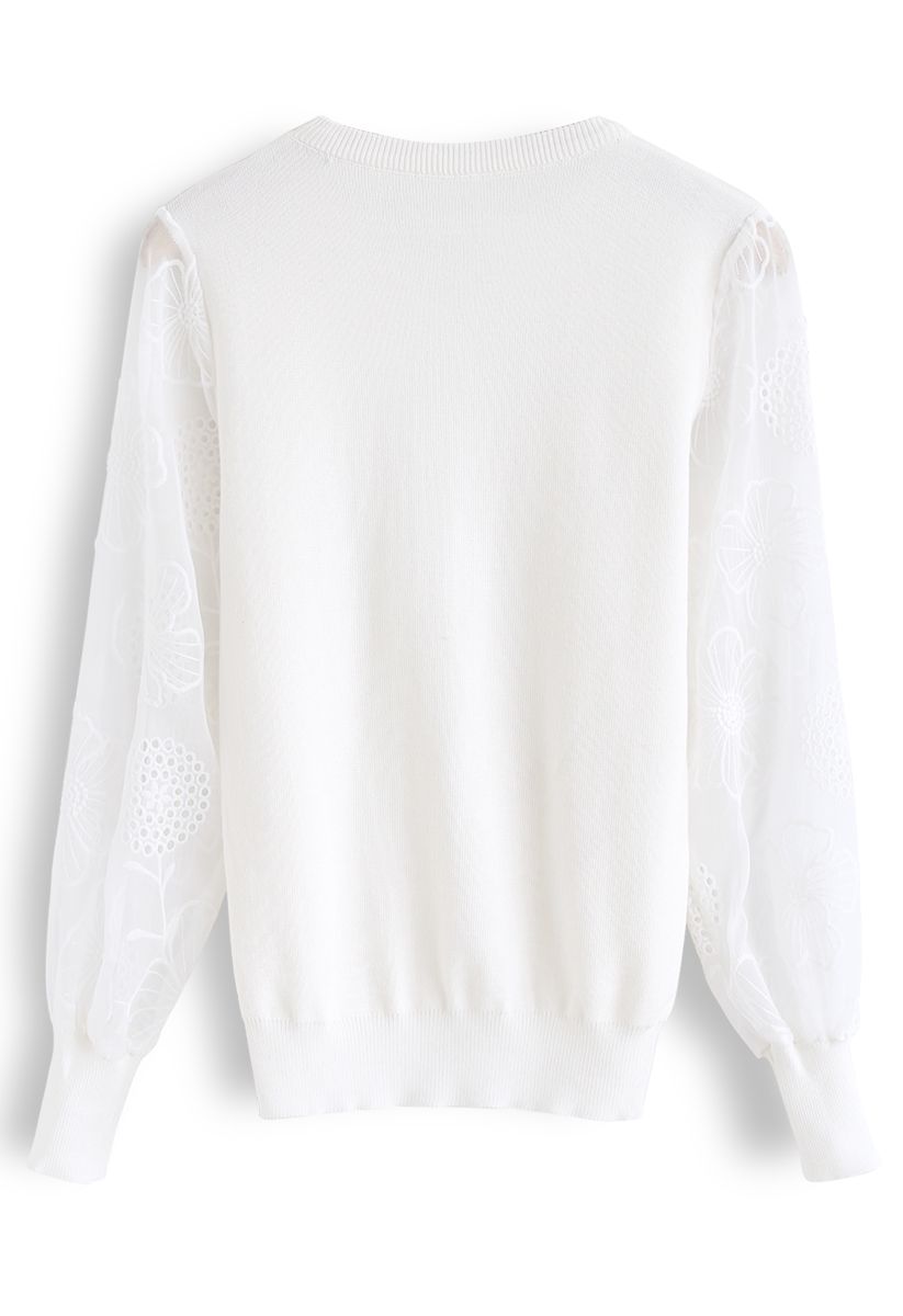 Floral Embroidered Sheer Sleeves Knit Sweater in White
