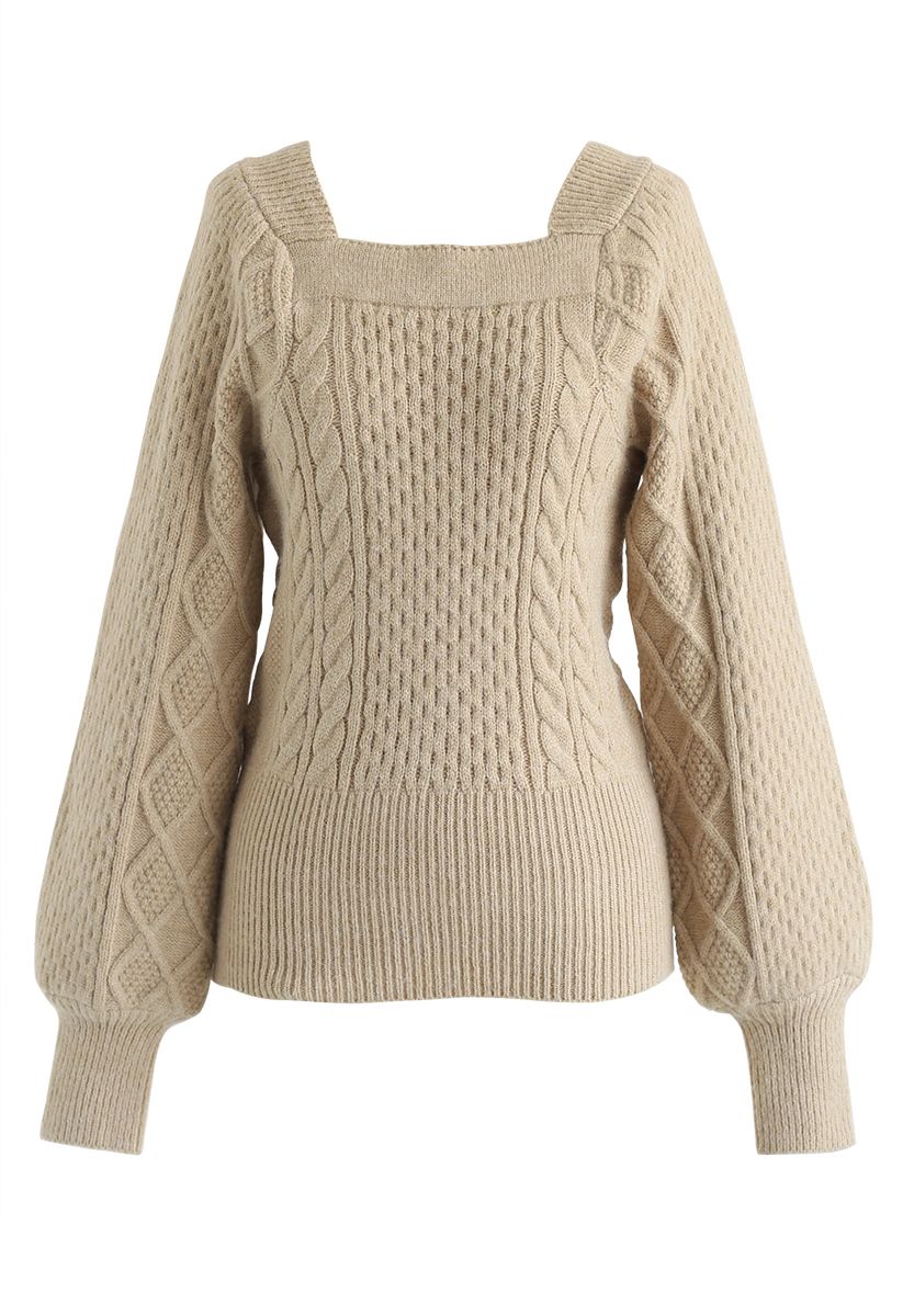 Square Neck Soft Knit Sweater in Camel