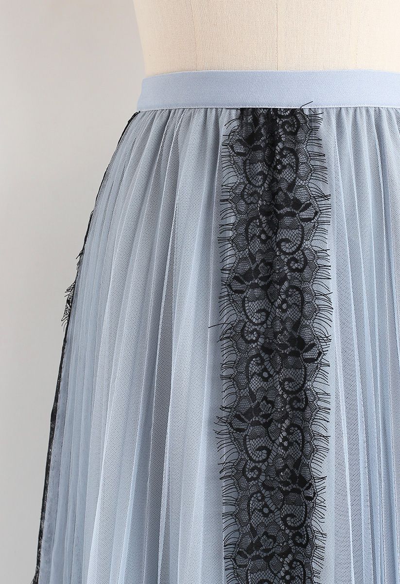 Lace Trim Mesh Tulle Midi Skirt in Dusty Blue