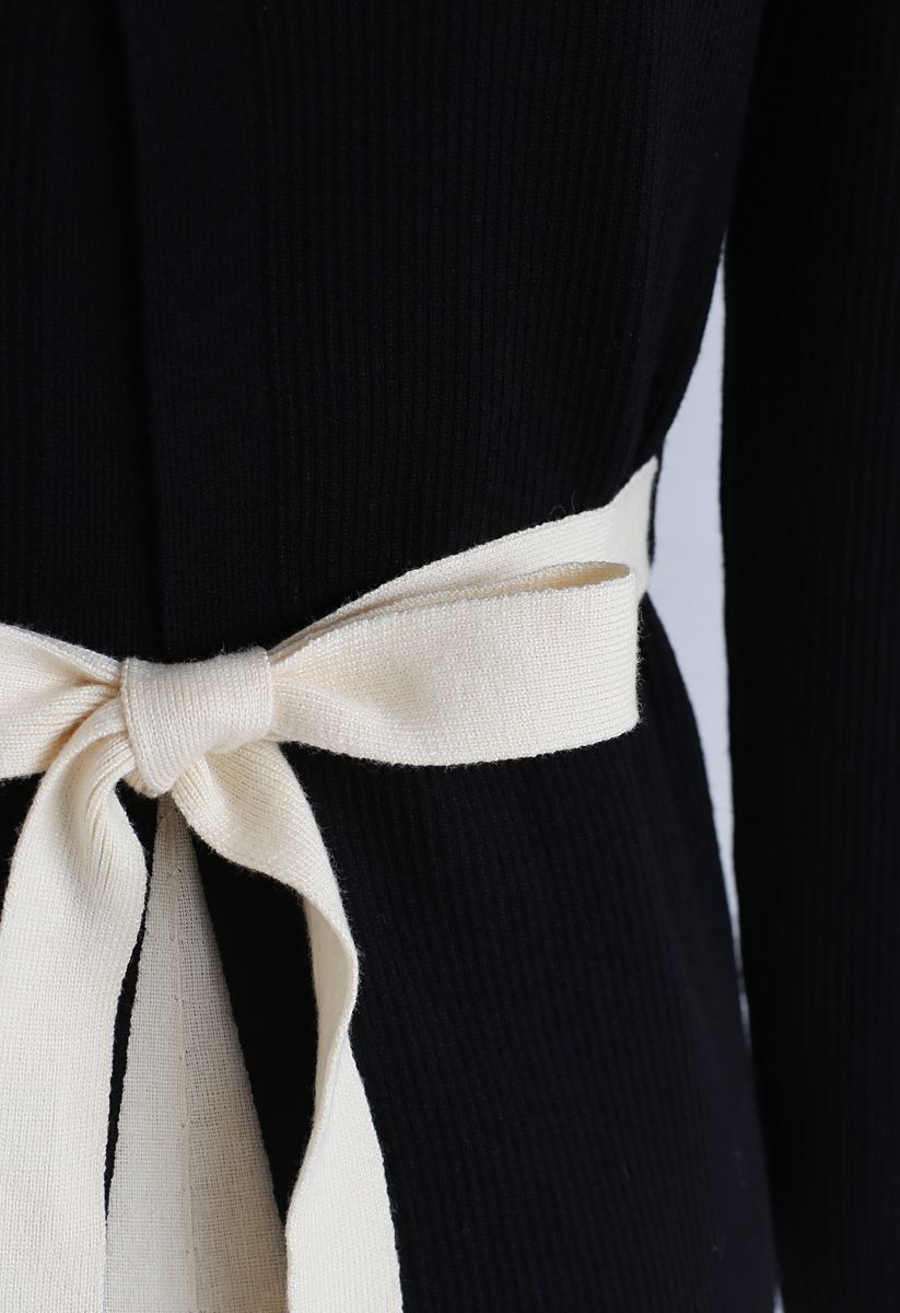 Split Back Self-Tied Bowknot Knit Top in Black