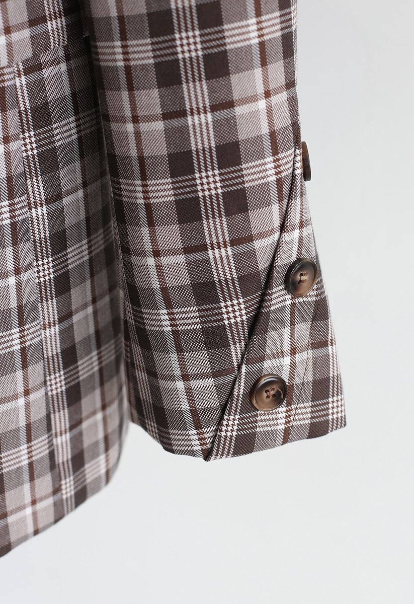 Plaid Spliced Double-Breasted Blazer in Brown