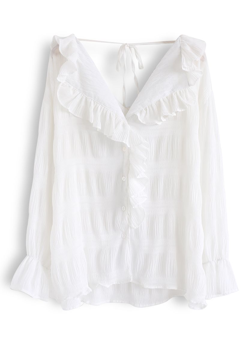 Ruffle Trim Shirred V-Neck Shirt in White