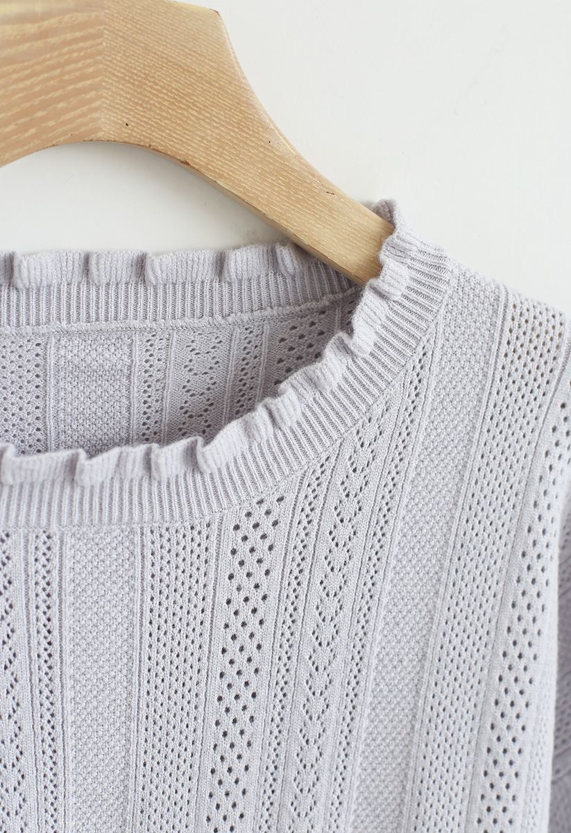 Eyelet Trim Frilling Neck Knit Sweater in Light Grey