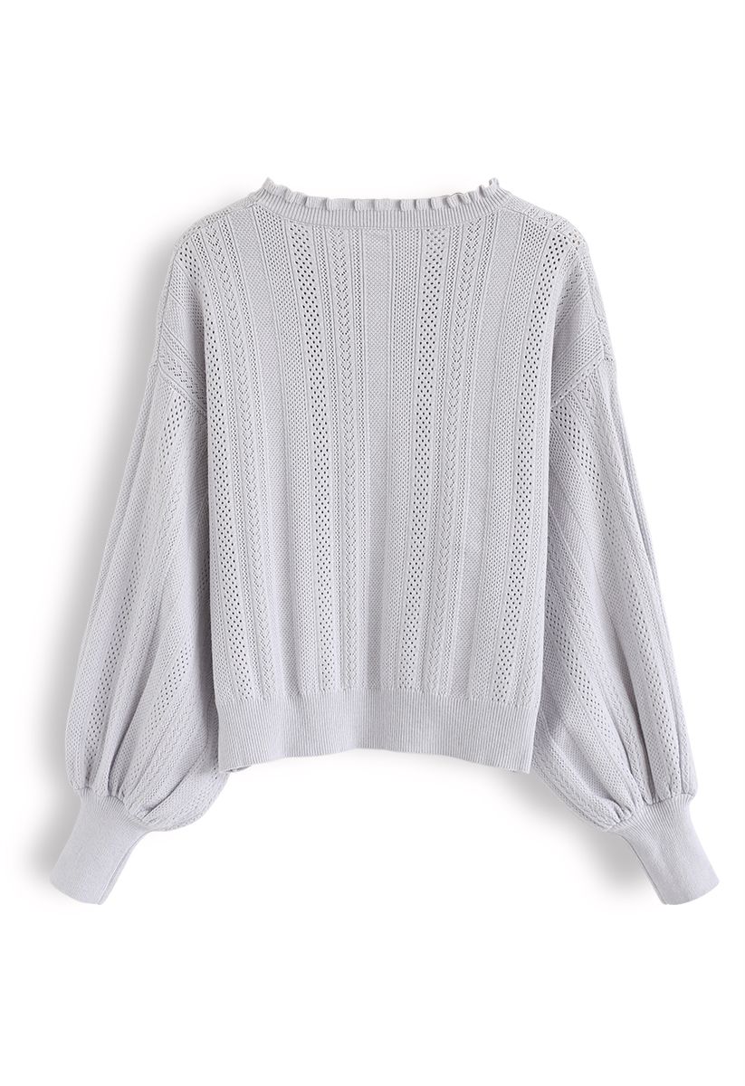 Eyelet Trim Frilling Neck Knit Sweater in Light Grey