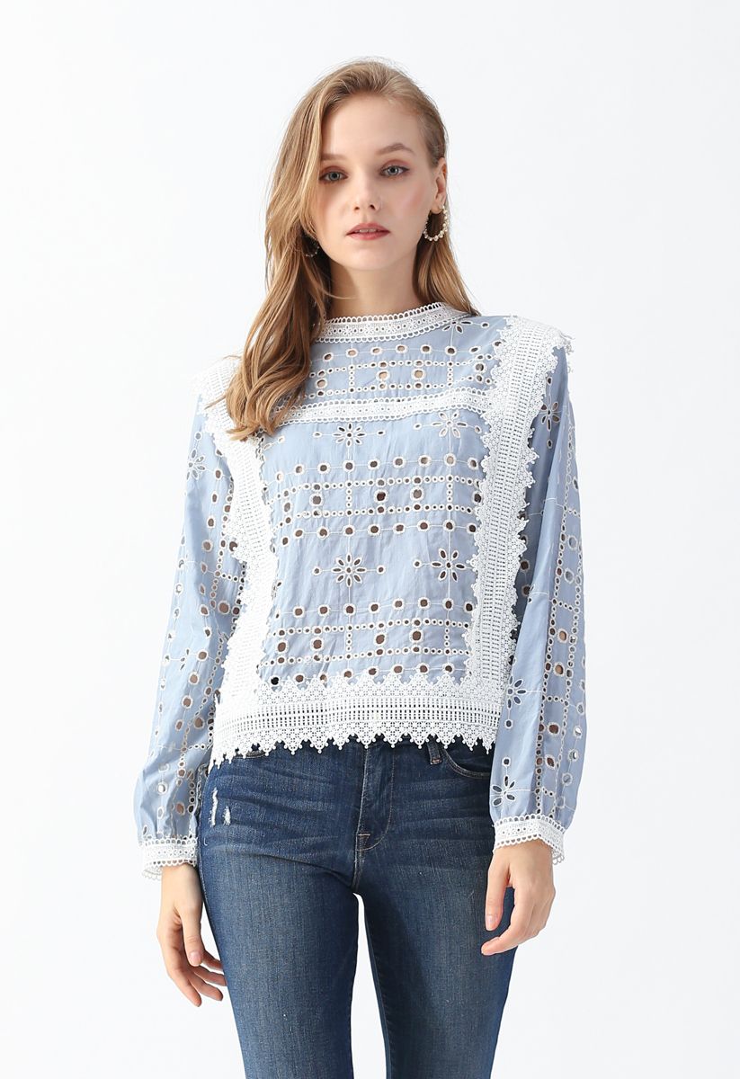 Embroidered Eyelet Crochet Trim Top in Blue