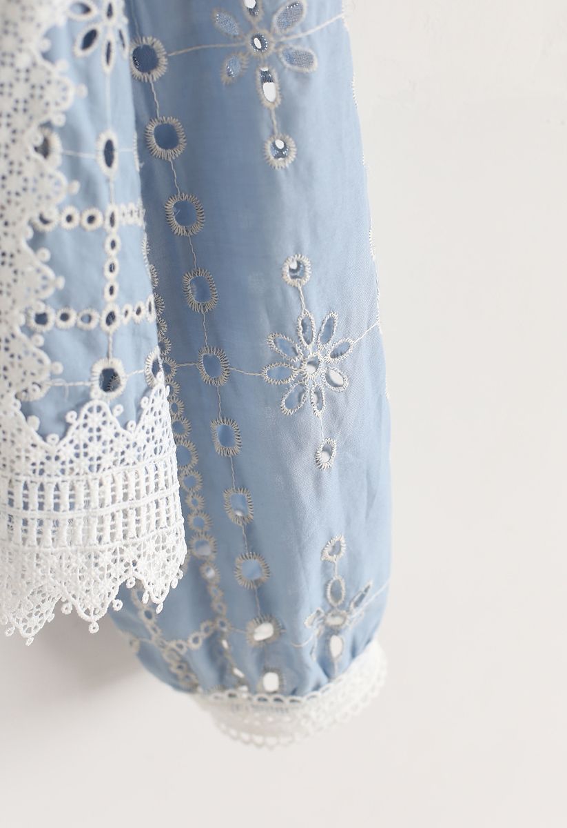 Embroidered Eyelet Crochet Trim Top in Blue