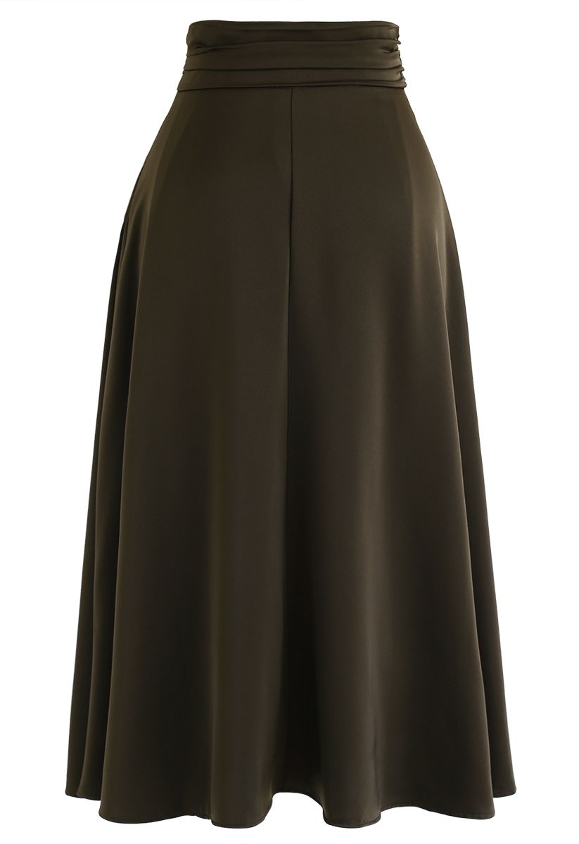 High-Waisted Satin Flare Midi Skirt in Army Green