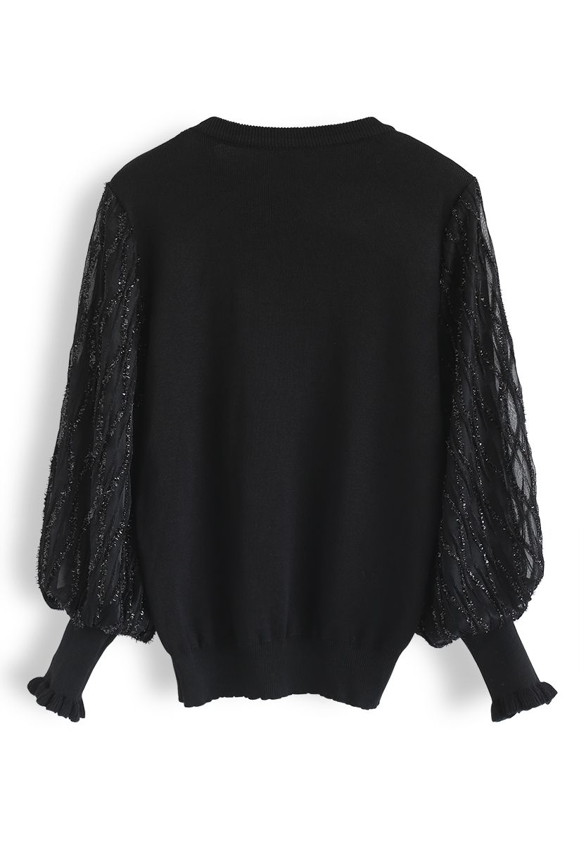 Shiny Lines Puff Sleeves Knit Top in Black