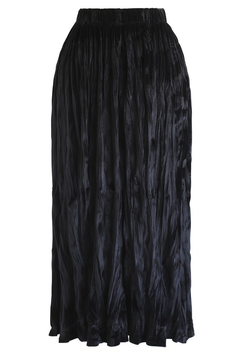 Velvet Pleated Midi Skirt in Black