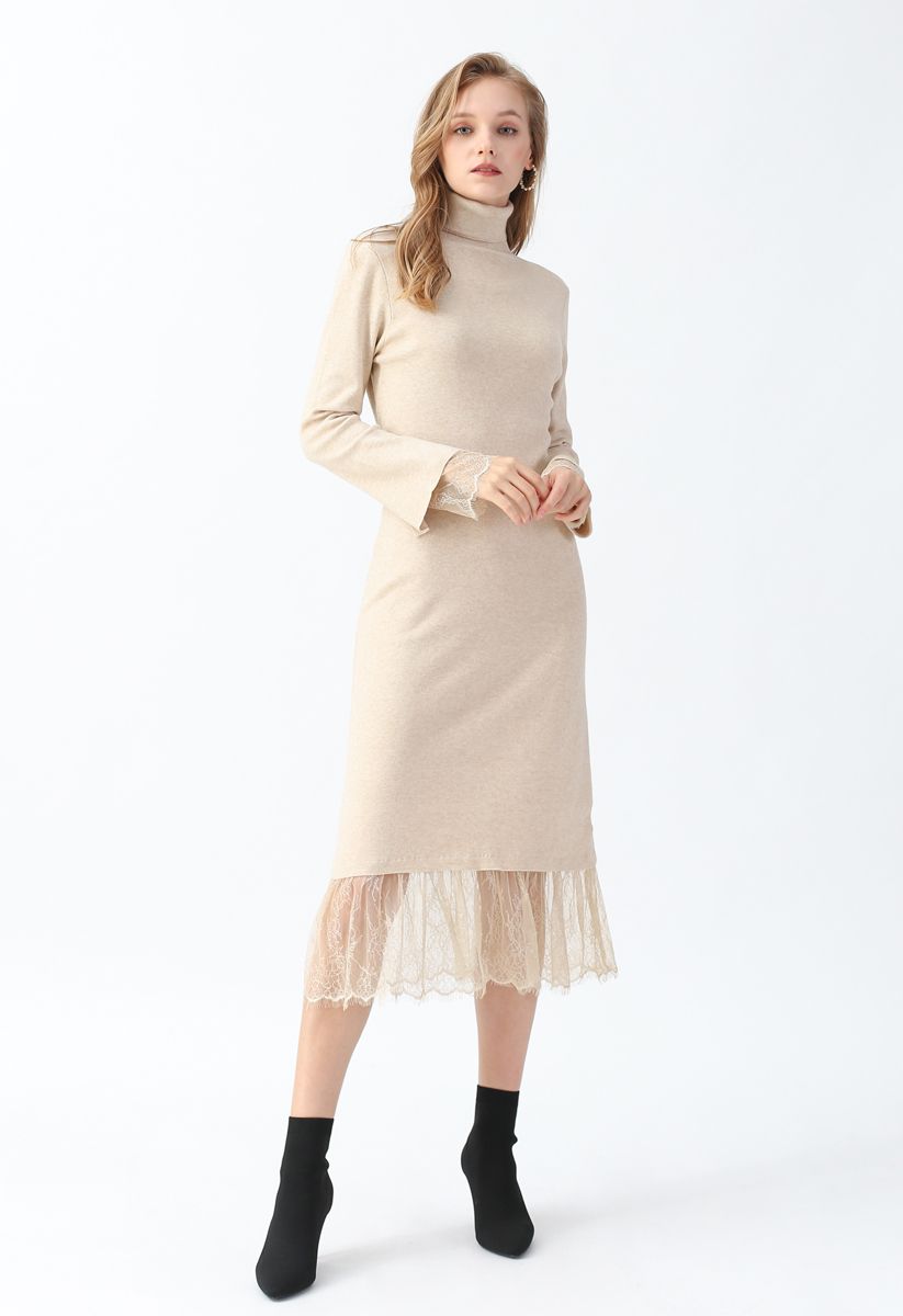 Turtleneck Lacy Knit Dress in Light Tan