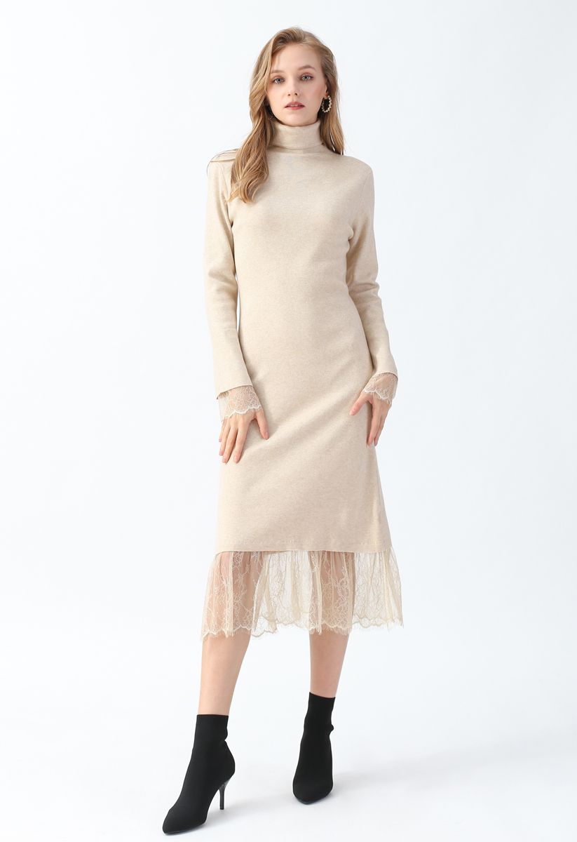 Turtleneck Lacy Knit Dress in Light Tan