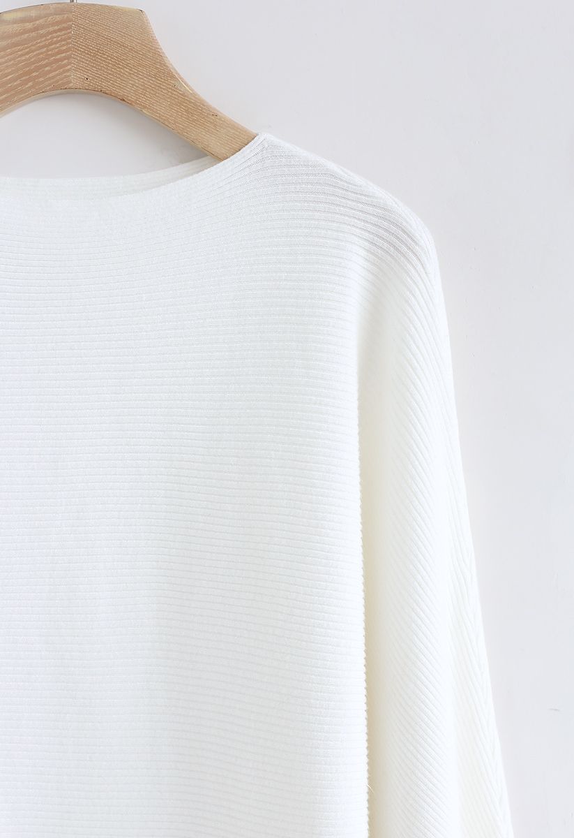 Boat Neck Batwing Sleeves Knit Top in White