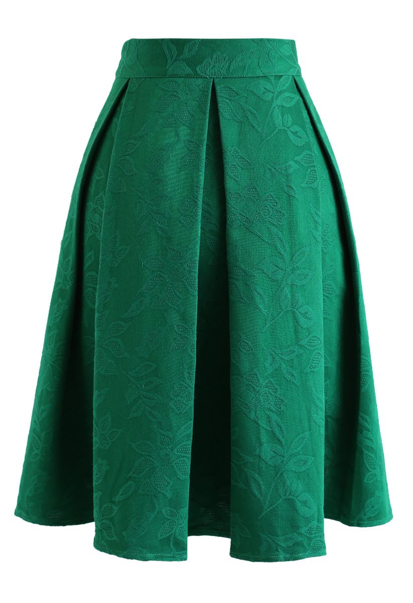 Green Flowery Jacquard Pleated Midi Skirt
