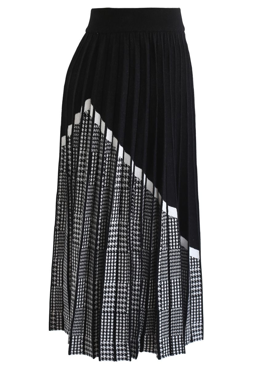 Houndstooth Hem Pleated Knit A-Line Midi Skirt