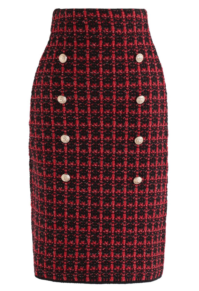 Buttons Decorated Grid Pencil Midi Skirt in Red