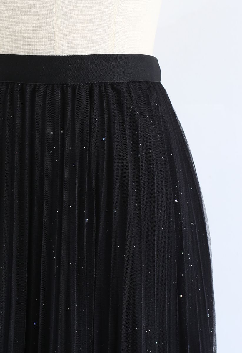 Shimmer Lining Mesh Tulle Pleated Skirt in Black