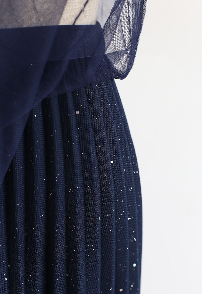 Shimmer Lining Mesh Tulle Pleated Skirt in Navy
