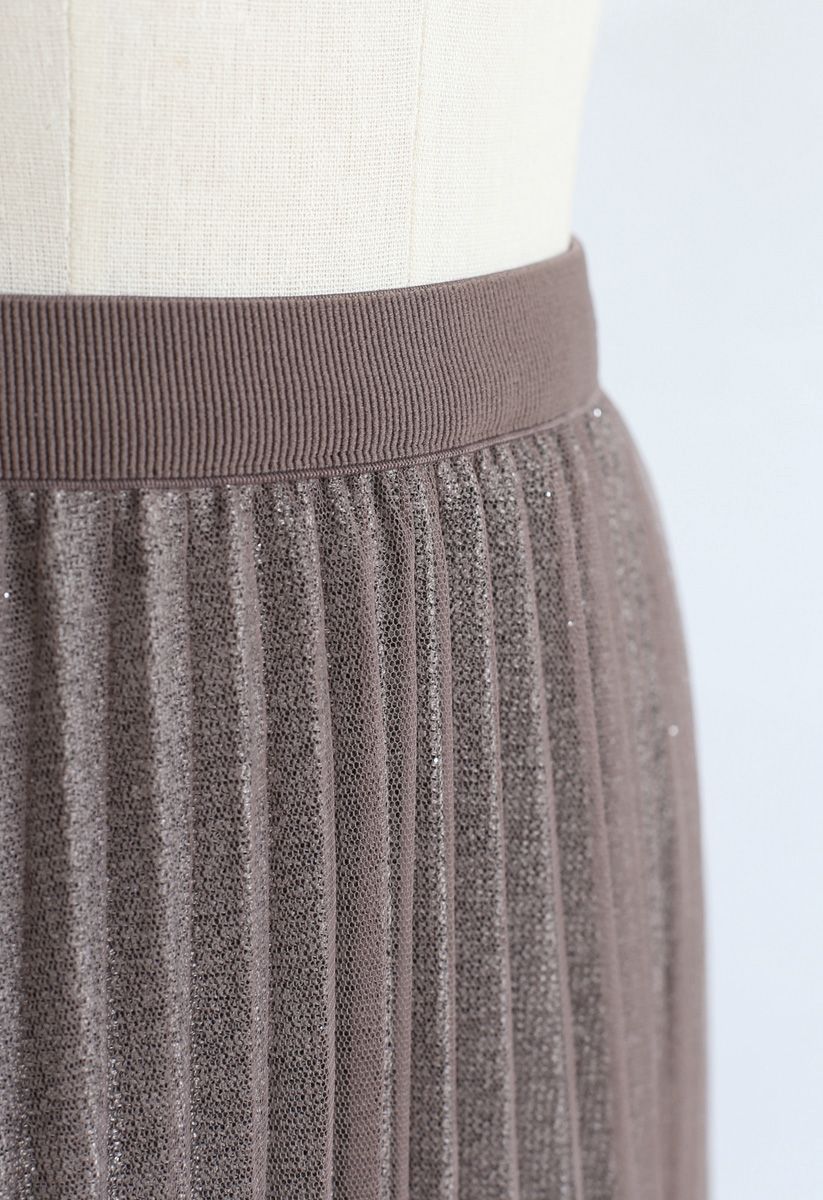 Shimmer Lining Mesh Tulle Pleated Skirt in Brown