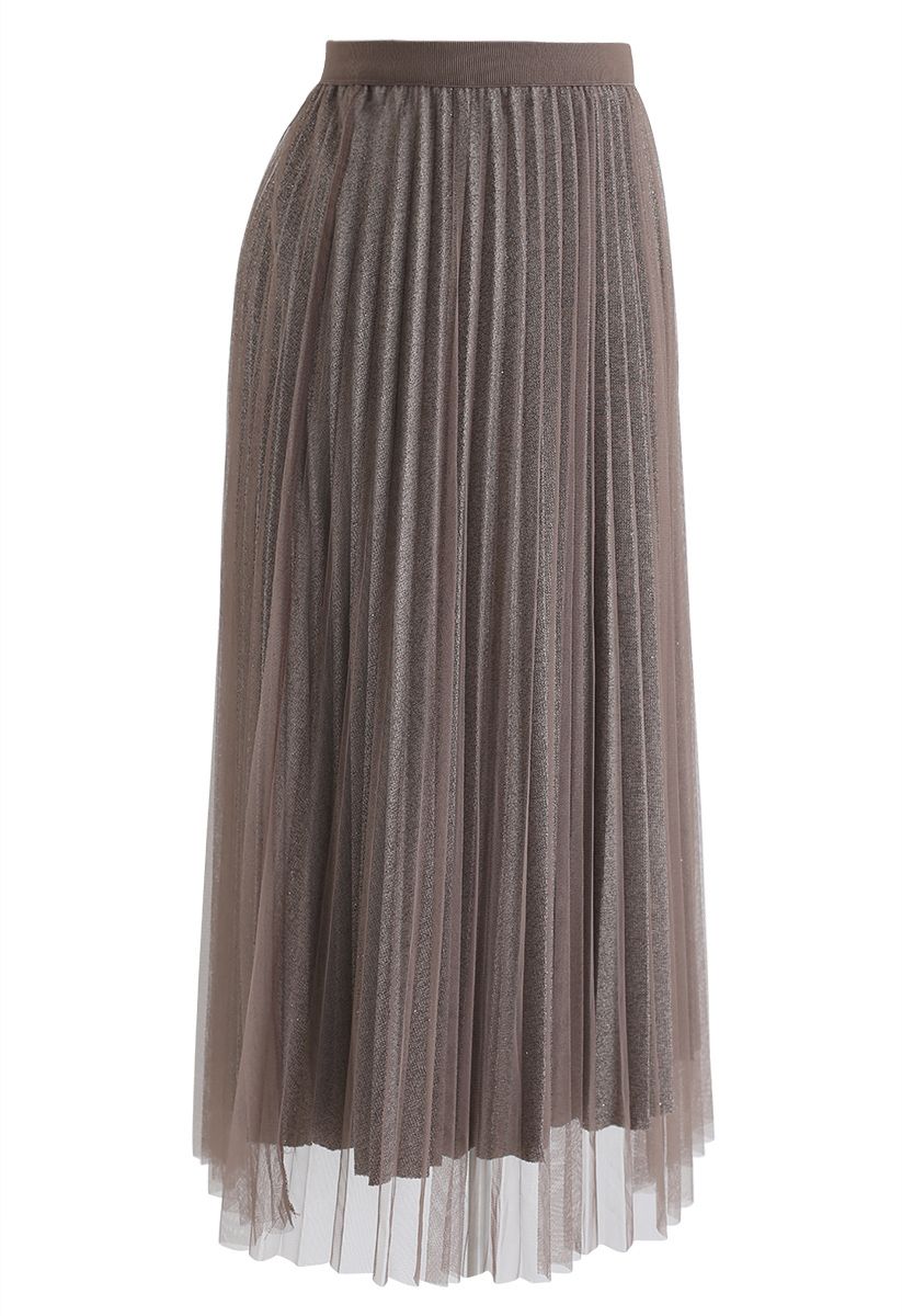 Shimmer Lining Mesh Tulle Pleated Skirt in Brown