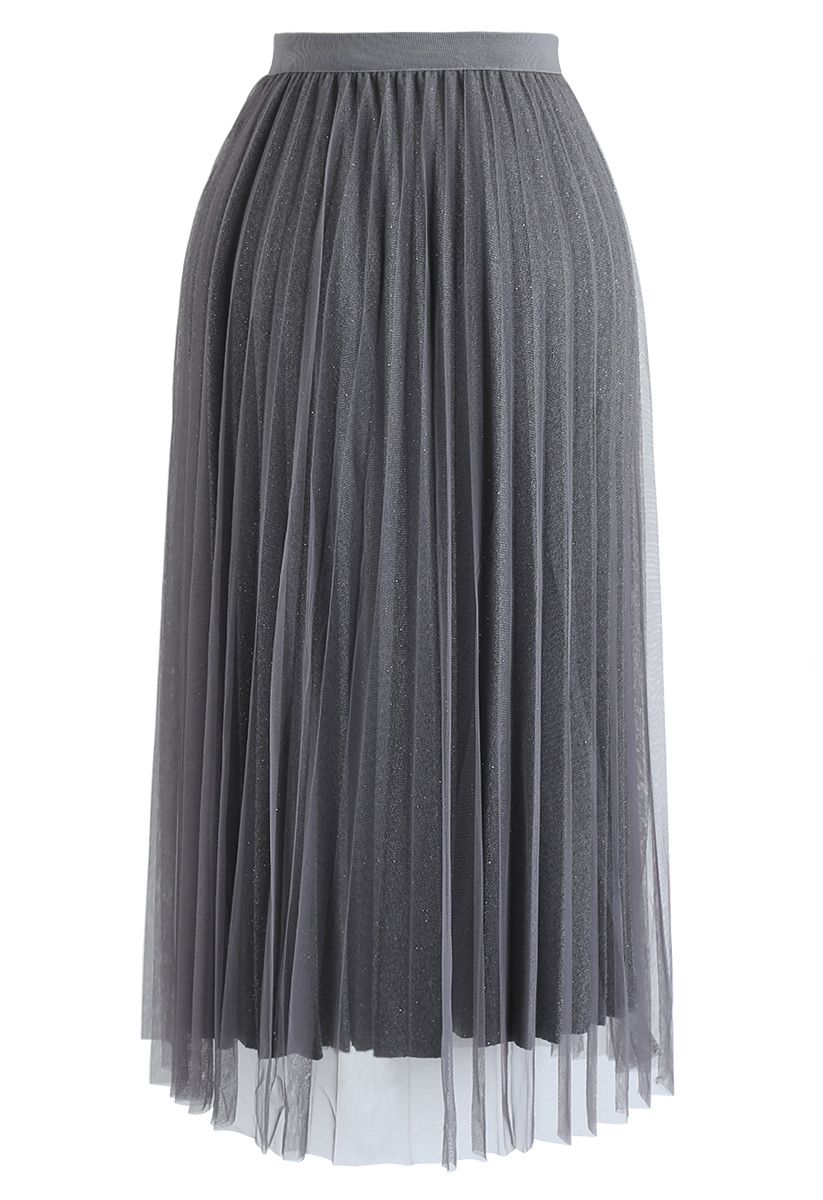 Shimmer Lining Mesh Tulle Pleated Skirt in Grey