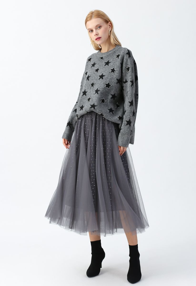 Sequined Double-Layered Mesh Tulle Midi Skirt in Grey