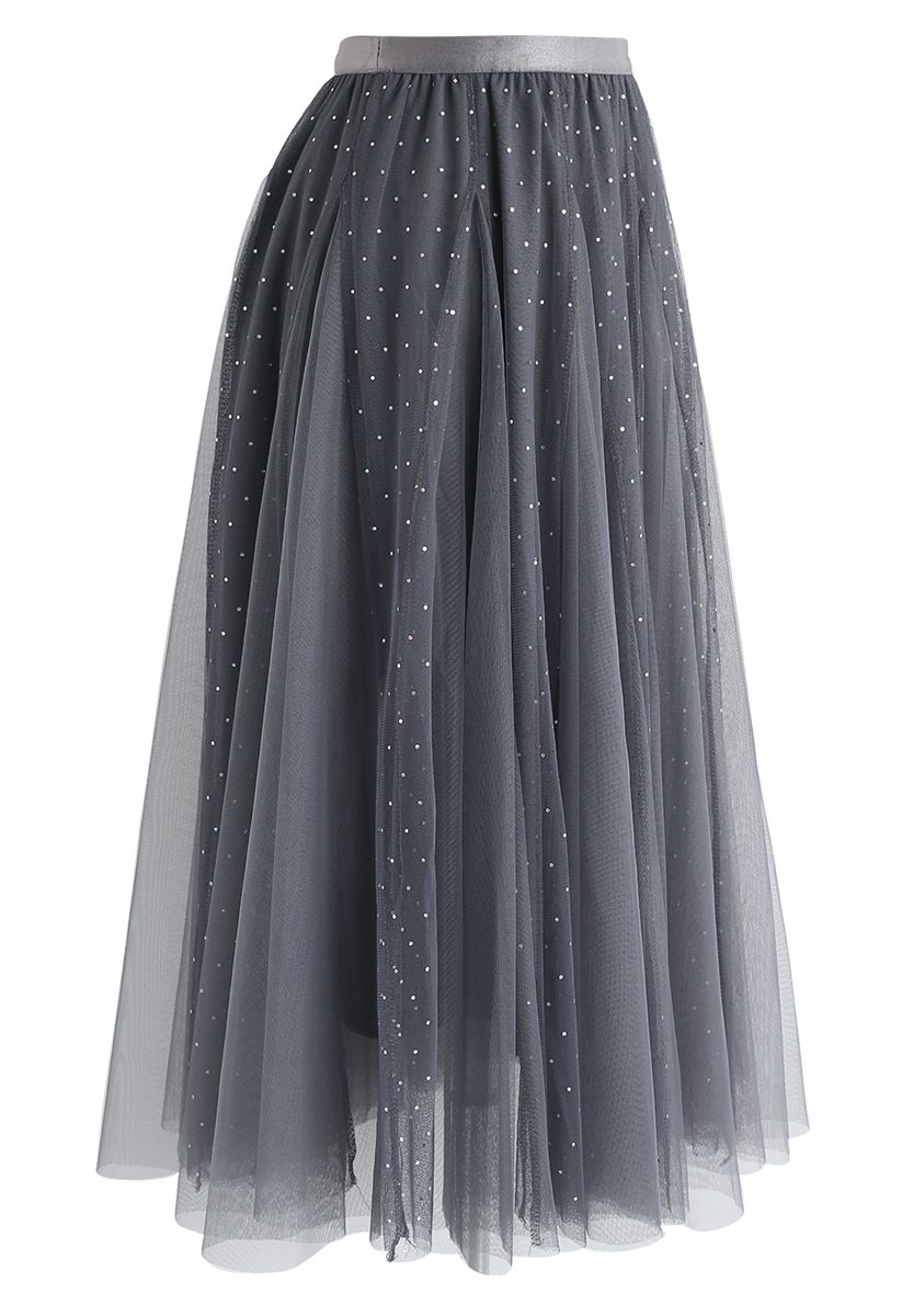 Sequined Double-Layered Mesh Tulle Midi Skirt in Grey