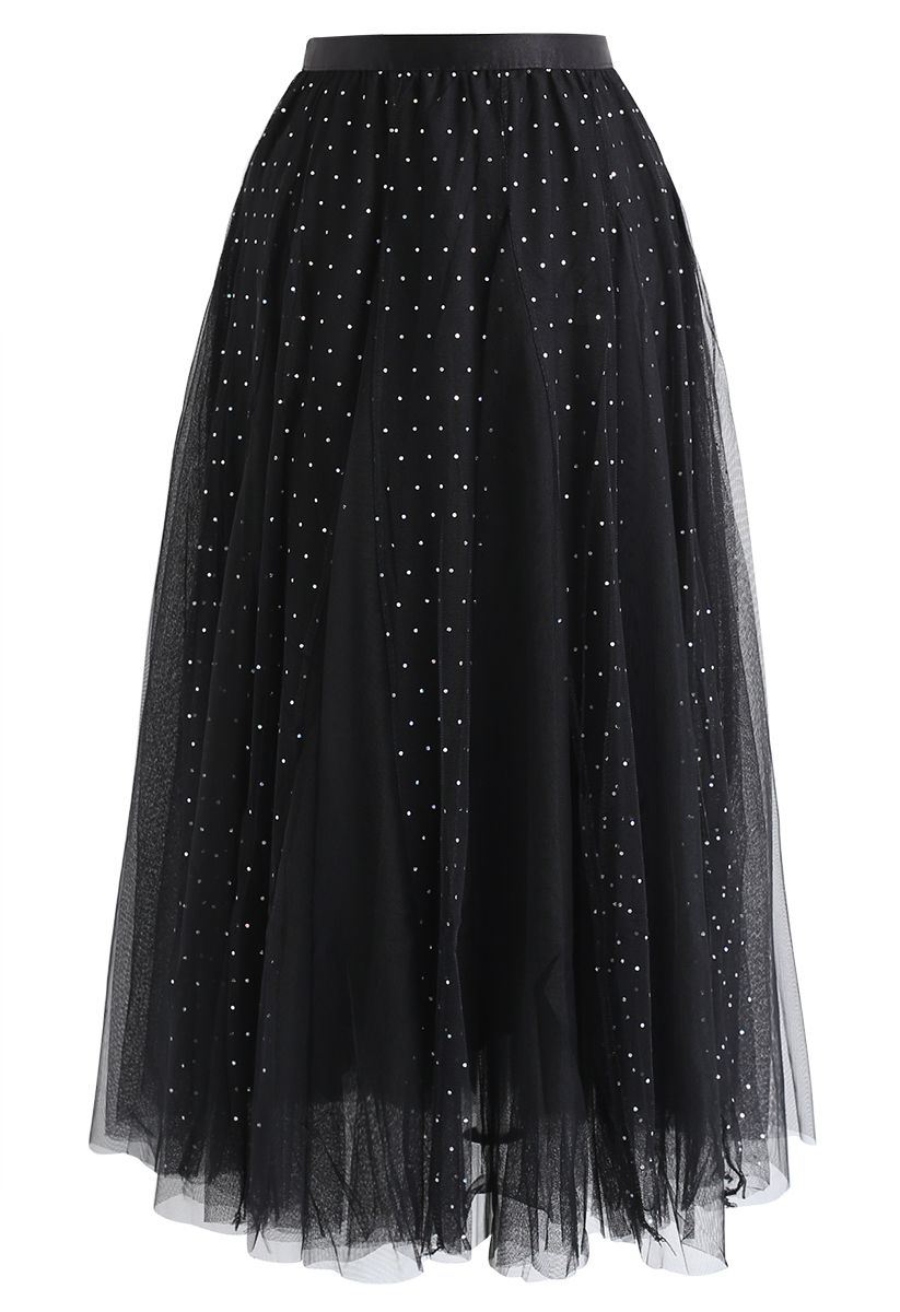 Sequined Double-Layered Mesh Tulle Midi Skirt in Black