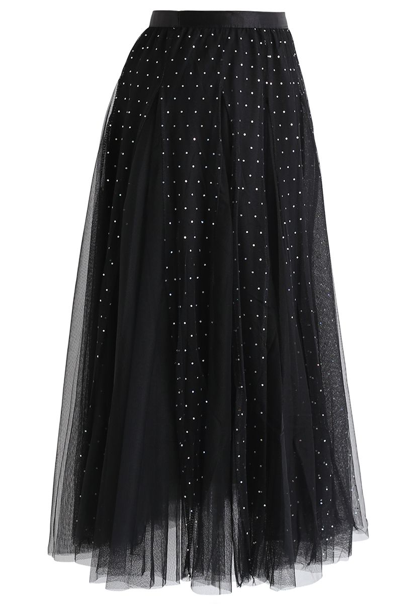 Sequined Double-Layered Mesh Tulle Midi Skirt in Black