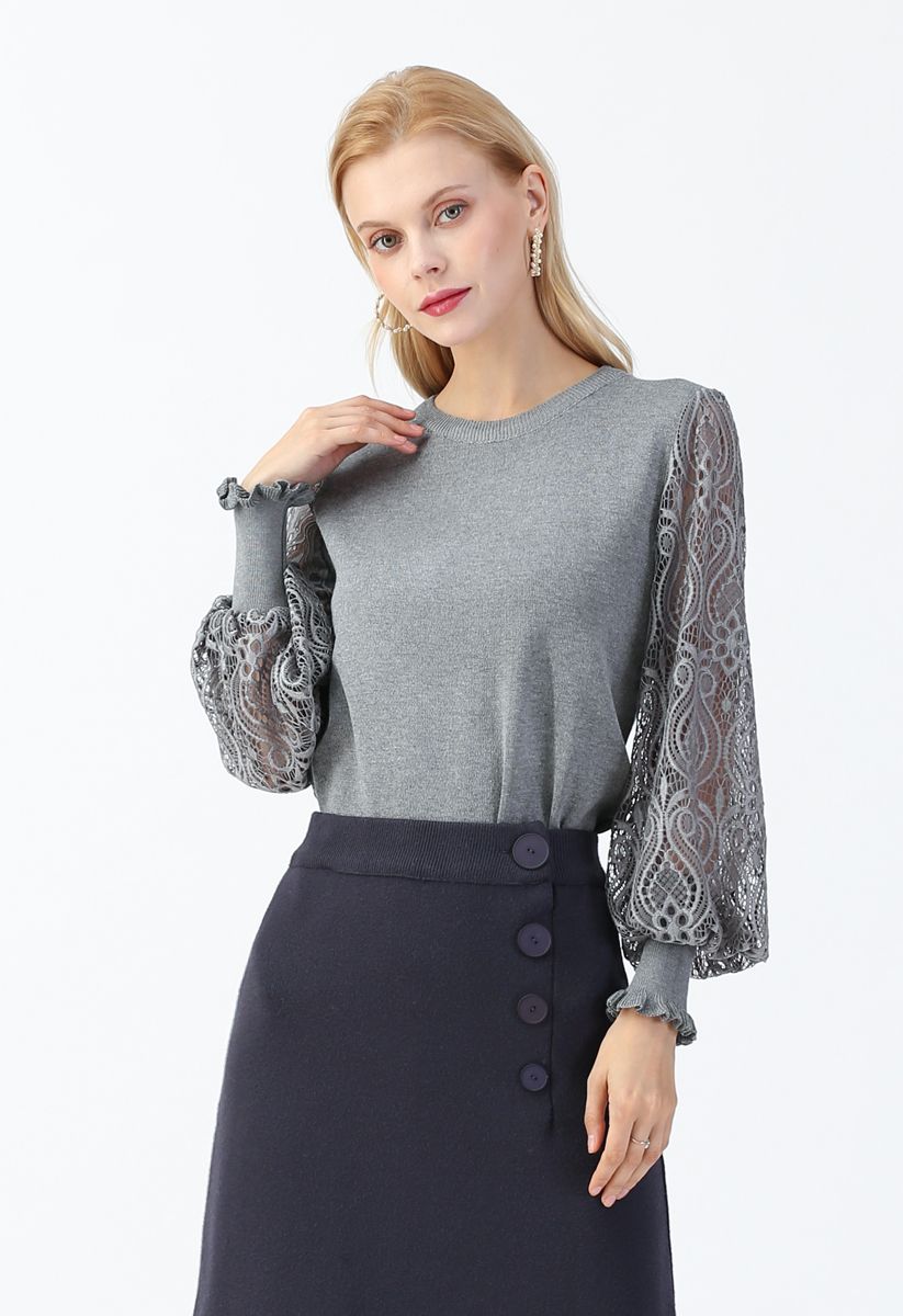 Delicacy Lacy Sleeves Knit Sweater in Grey