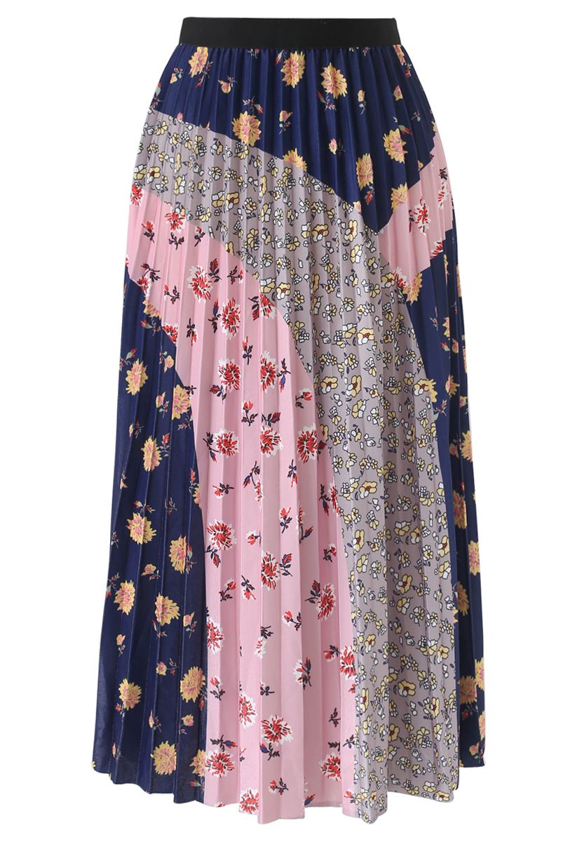 Floral Color Blocked Pleated Midi Skirt in Navy