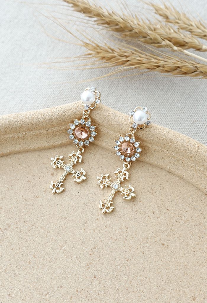 Cross Crystal and Pearl Decorated Drop Earrings