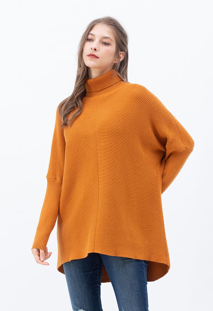 Effortless Chic Turtleneck Batwing Sleeve Hi-Lo Sweater in Caramel