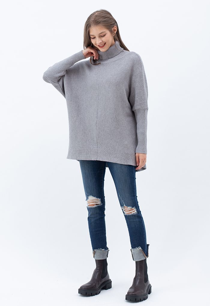 Effortless Chic Turtleneck Batwing Sleeve Hi-Lo Sweater in Grey