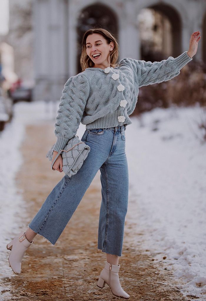 Flowers Button Down Embossed Bubble Sleeves Cardigan in Blue