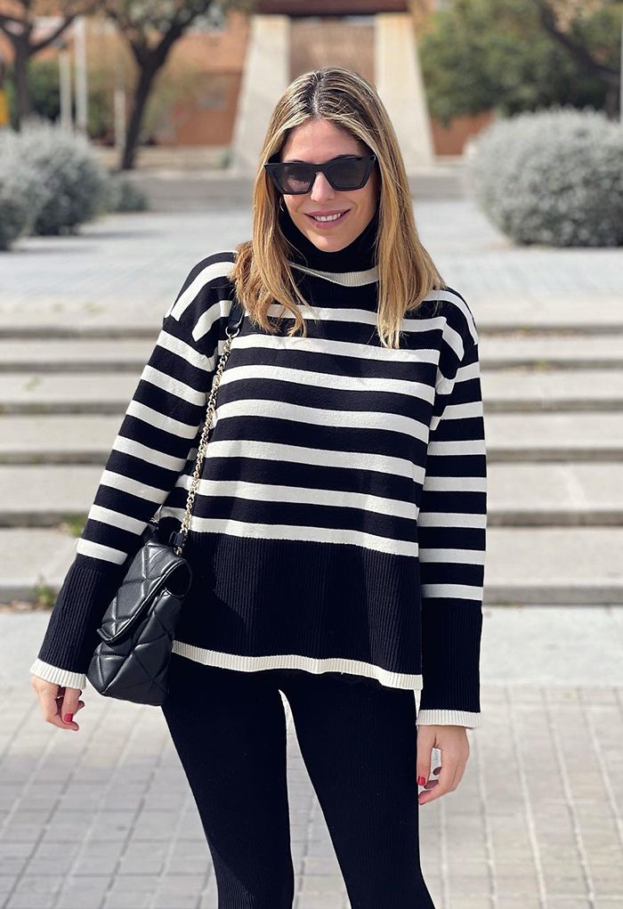 Striped Oversize Flare Sleeve Turtleneck Knit Sweater in Black