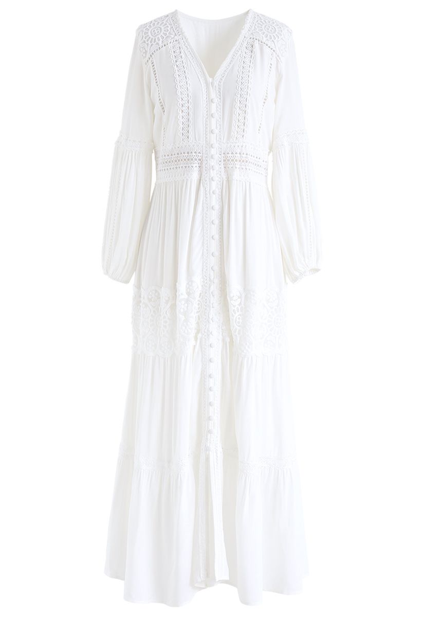 Button Down Crochet Embroidered Boho Maxi Dress in White