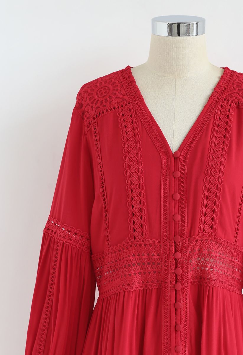 Button Down Crochet Embroidered Boho Maxi Dress in Red