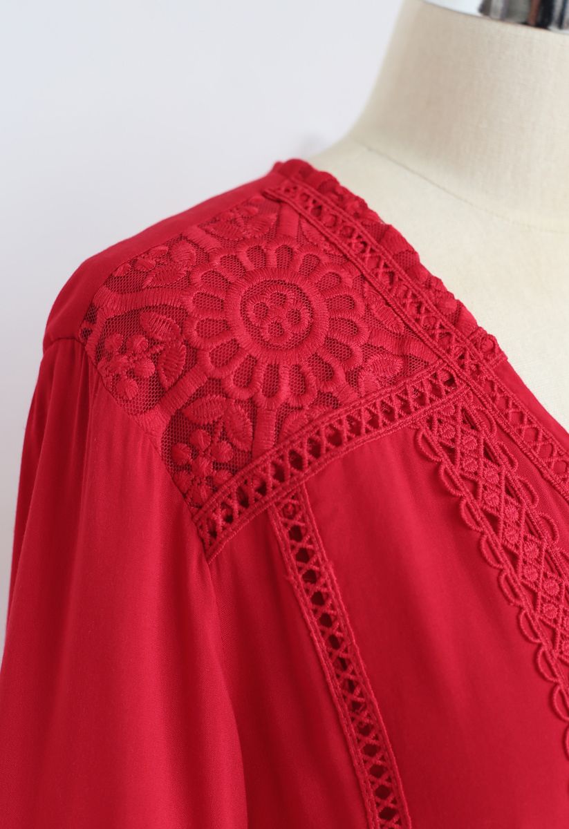 Button Down Crochet Embroidered Boho Maxi Dress in Red