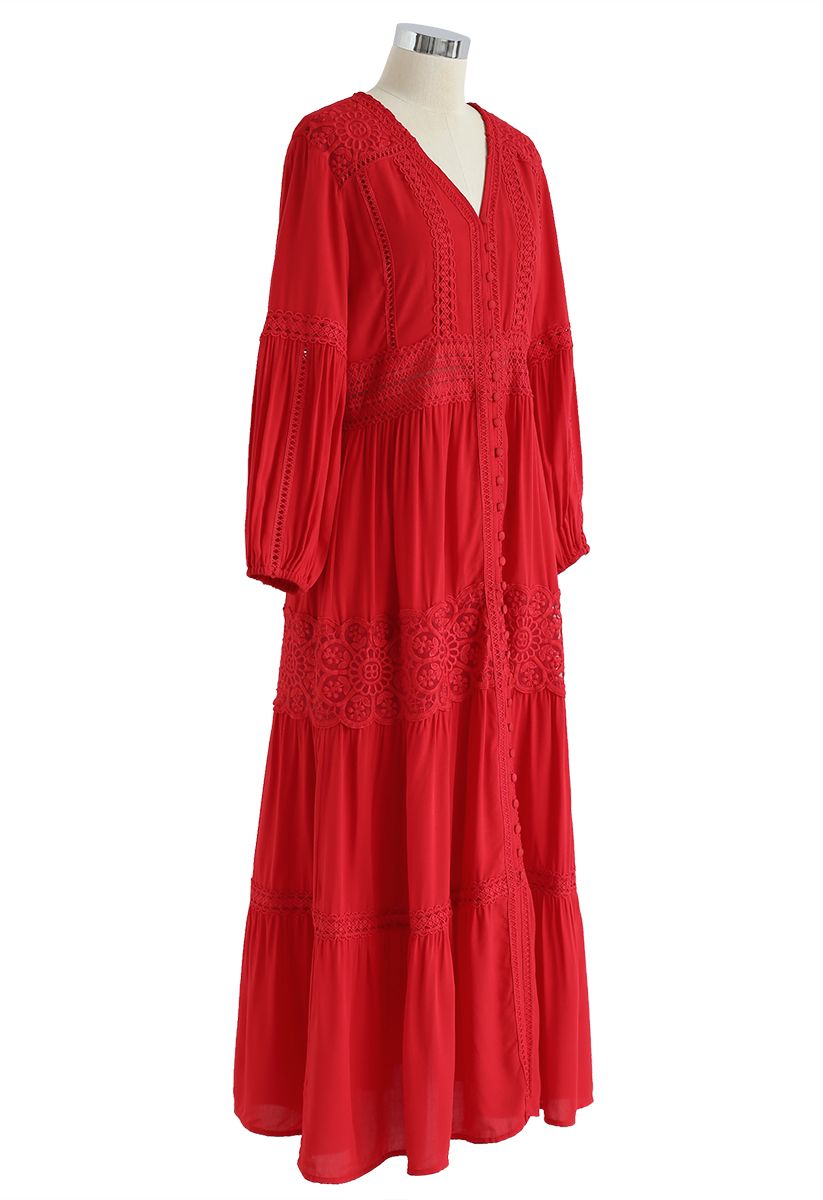 Button Down Crochet Embroidered Boho Maxi Dress in Red