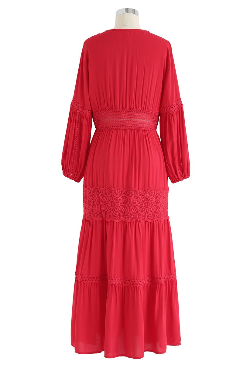 Button Down Crochet Embroidered Boho Maxi Dress in Red