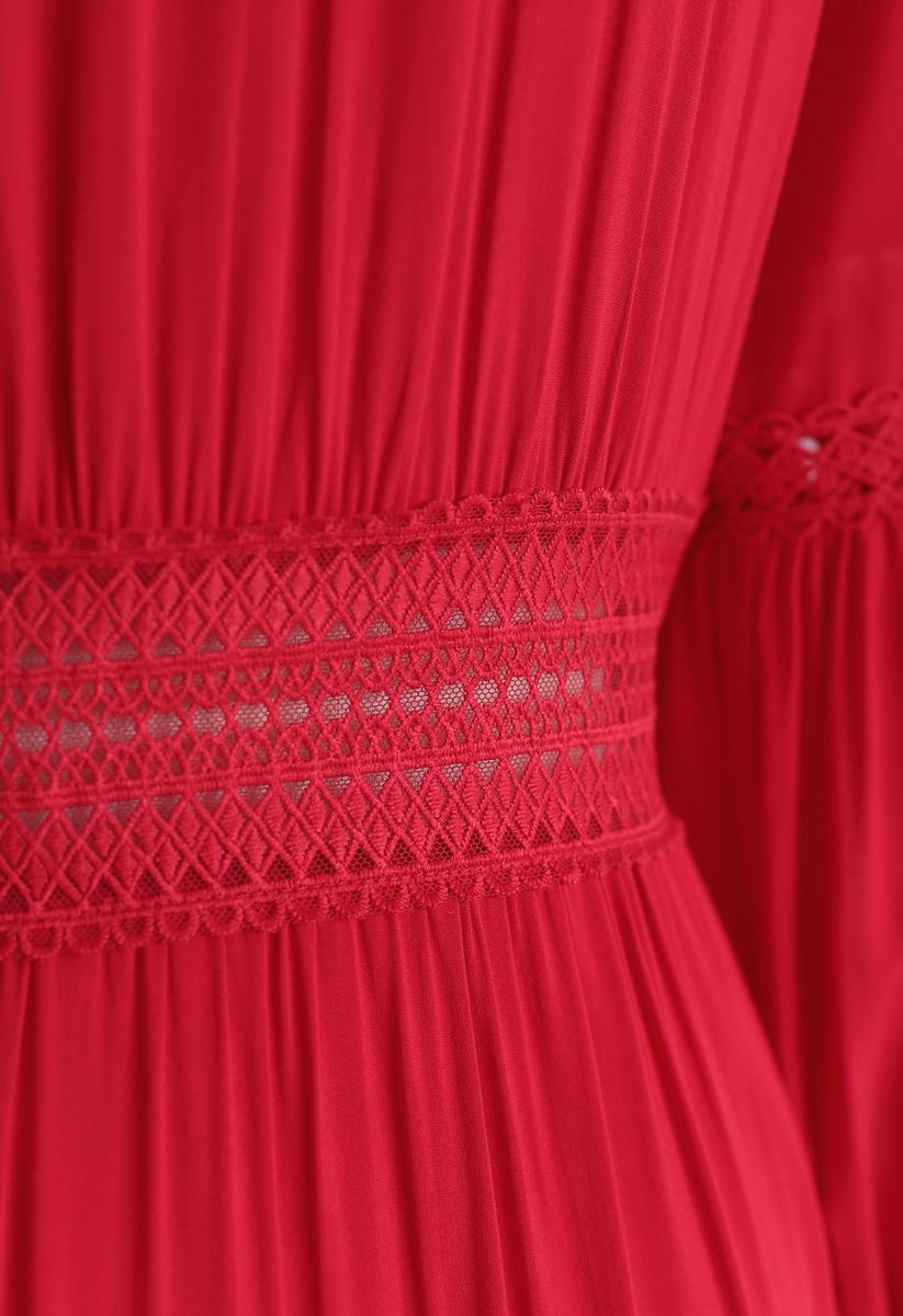 Button Down Crochet Embroidered Boho Maxi Dress in Red