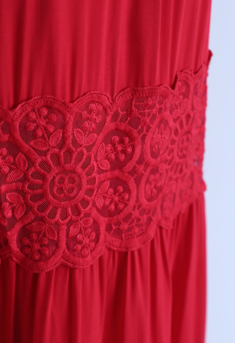 Button Down Crochet Embroidered Boho Maxi Dress in Red